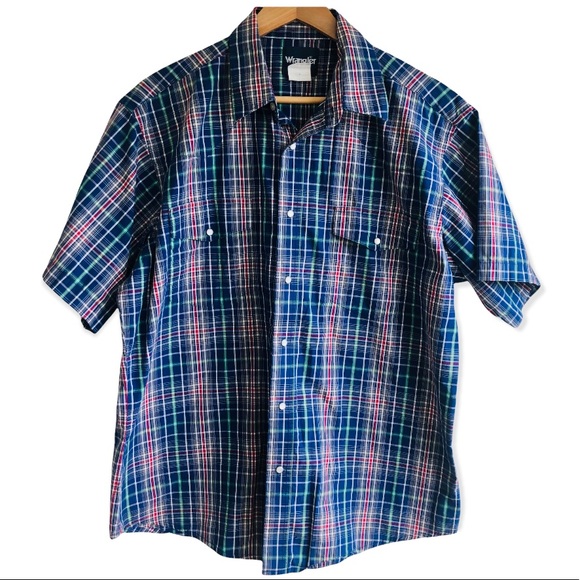 Wrangler Mens Short Sleeve Pearl Snap Blue Pink Plaid Western Casual Shirt Sz XL - Picture 1 of 9